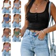 thumbnail image 1 of Blusa corta informal sin mangas con cuello cuadrado y botón frontal para mujer, color negro, XXL, 1 of 6