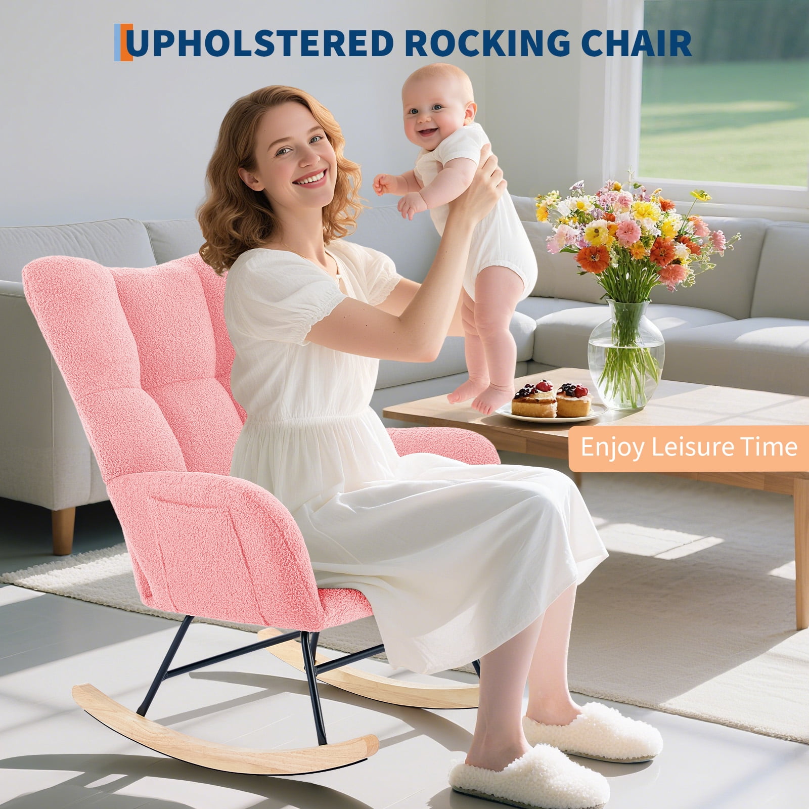 Cozy Upholstered Rocking Chair, Modern Glider Design for Nursery or Living Room, Comfortable High-Back Seat with Neck Pillow Support, Durable Metal Frame and Wooden Rockers, Pink