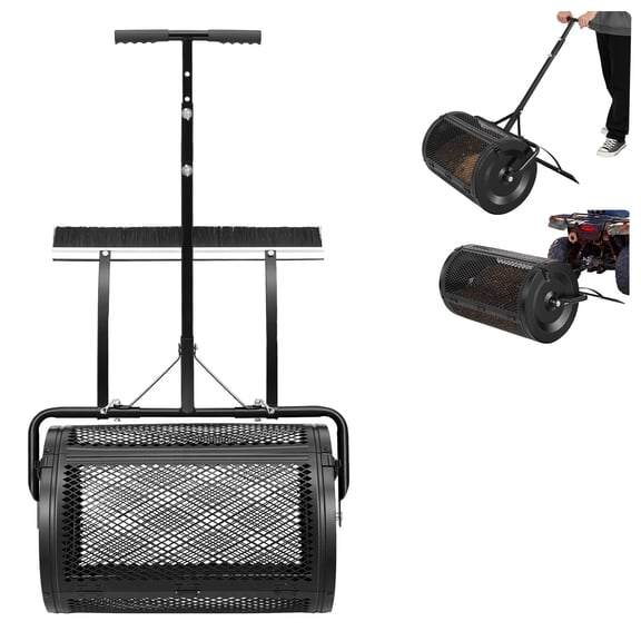 KFFKFF 24" Wide Compost Spreader with Adjustable Handle and Brush, Durable Steel Roller for Garden Planting and Seeding