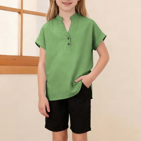PiGOGI Women s V-Neck Loose Button Down Shirt Summer Casual Blouse Solid Color Lightweight Long Sleeve Army Green 5Years
