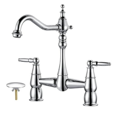 Wowow Brass Bridge Centerset Kitchen Faucet for Sink, 2 Handle 2 Hole 360 Degree Swivel Faucets for Vintage Farmhouse, Polished Chrome