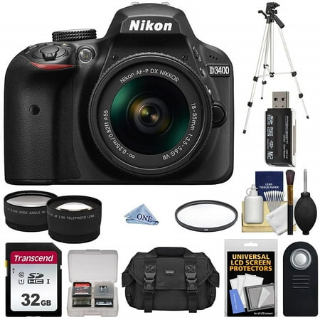 Nikon D3400 Digital SLR Camera & 18-55mm VR DX AF-P Zoom Lens (Black) with 32GB Card + Case + Tripod + Filter + Tele/Wide Lens Kit+ OneStop Cloth