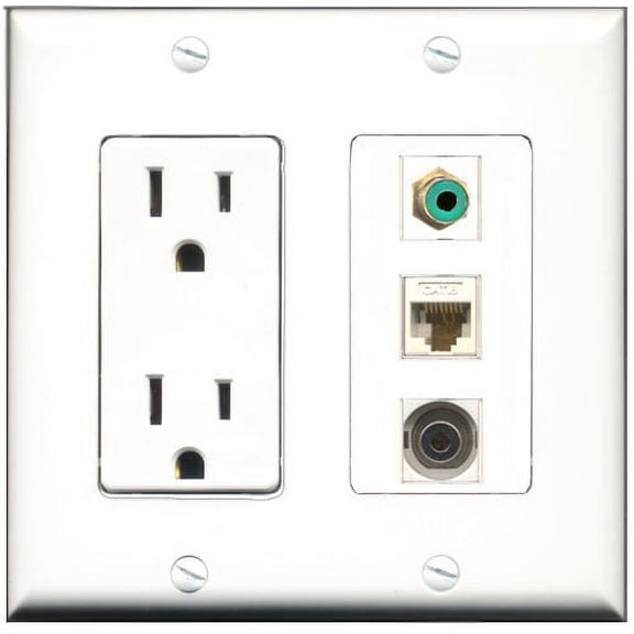 RiteAV - 15 Amp Power Outlet 1 Port RCA Green 1 Port 3.5mm 1 Port Cat6 Ethernet Ethernet White Decorative Wall Plate