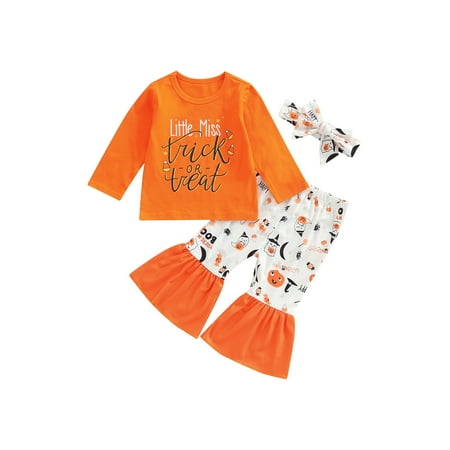 

MissiMae Newborn Infant Baby Girls Halloween Pants Set Long Sleeve Letters Print T-shirt with Pumpkin Print Flare Pants and Headband