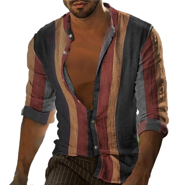 Camisas Para Hombre Camisa De Hombre Con Cuello A Rayas Street Daily Hebilla Impreso Top De Manga Larga Moda Casual Transpirable (Red, XS)