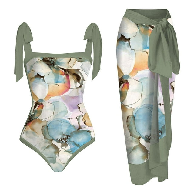 MKLEKYY Trajes De Baño Mujer Completo Women 1 Piece Swimwear+1 Piece Cover Up Two Piece Vintage Print Swimsuit Monokini Bikini 2 Piece Swimsuits Two Piece Tankini Set 778
