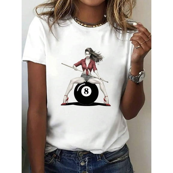Women's Black 8 Ball Graphic T-Shirt With Bold Billiard Art Print - Short Sleeve Crew Neck Casual Top, Medium Stretch Machine-Washable Fabric For Summer & Spring, Ladies T-Shirts-Unisex Vintage Cotto