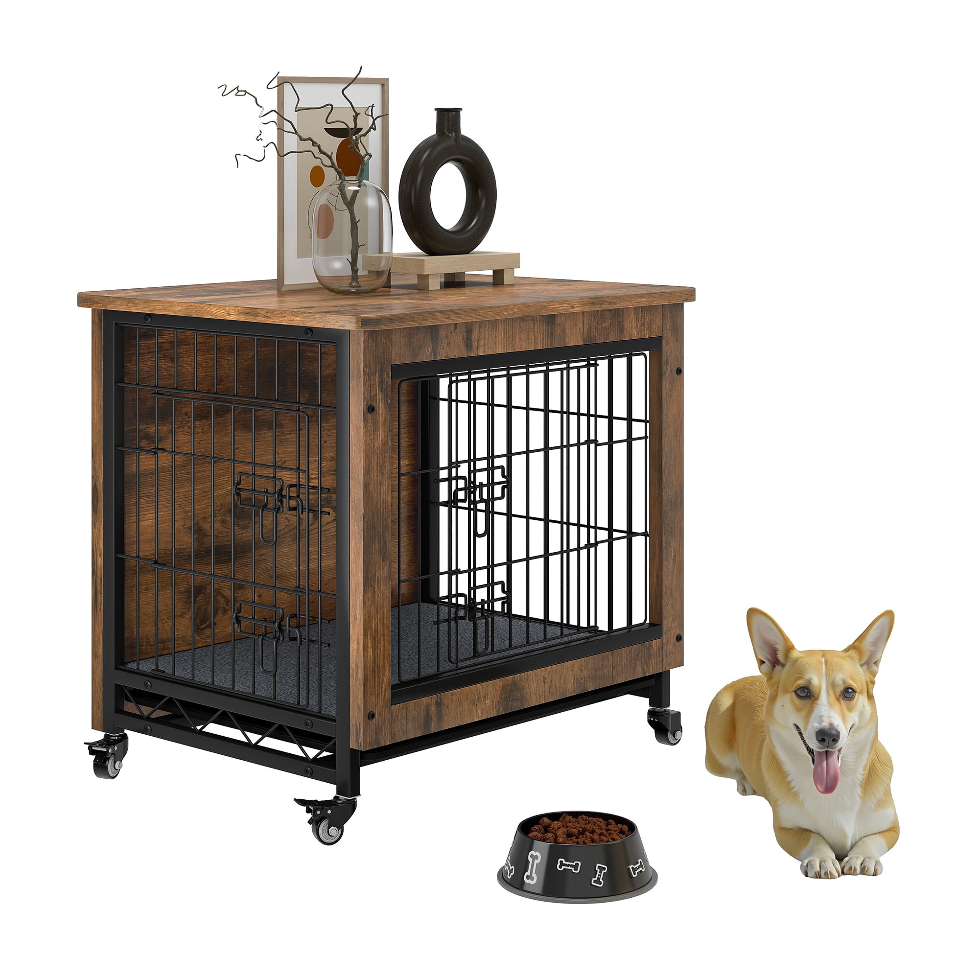 Uforic 27" Dog Crate Furniture with Cushion & Tray, Wooden Indoor Dog Kennel End Table for Small Dogs, Rustic Brown