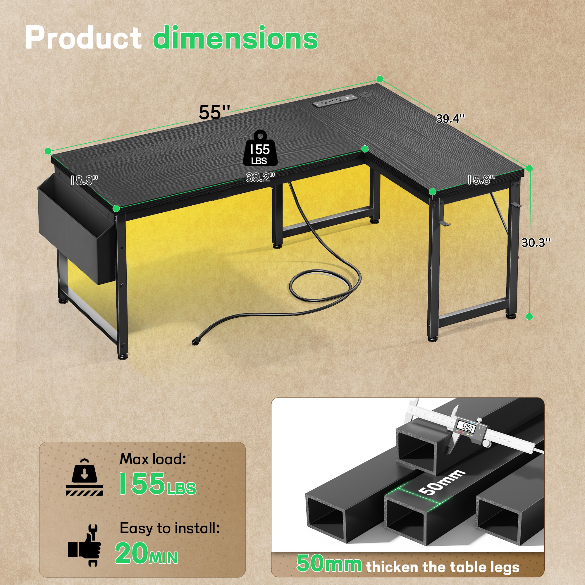 EnHomee Gaming Desk with Storage Computer Desk with LED Lights Reversible Office Desk with Storage Organizer, Black