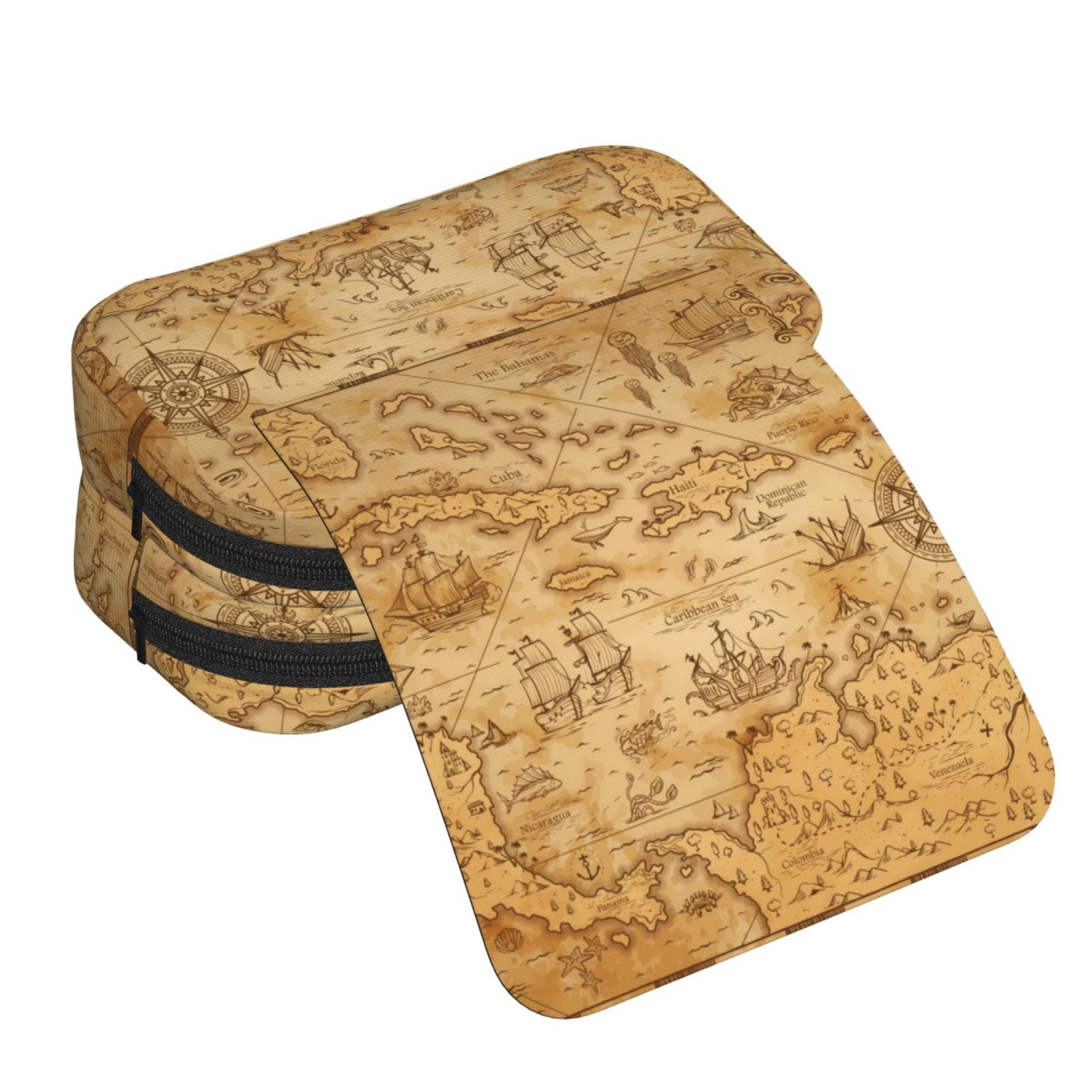 Rateoe Old Vintage Map Of Sea Pattern Double Clamshell Pen Case, Storage Organizer with Two Zipper Compartments– Holds Up to 50 Pencils & Pens