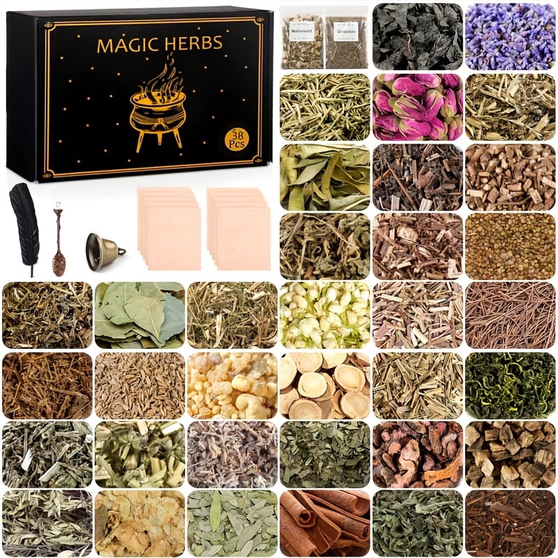38-Piece Dried Herbs & Craft Accessories Set with Crystal Spoon, Bell & Feather, DIY Candle & Soap Making Craft Kit