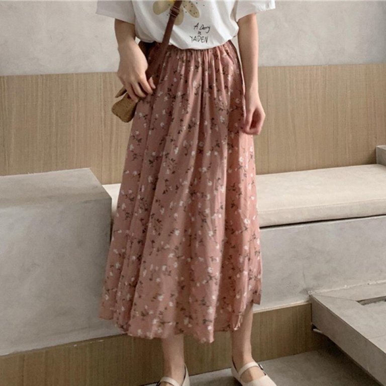 Pastel Korean Ruffle Flower Ulzzang Long Skirt