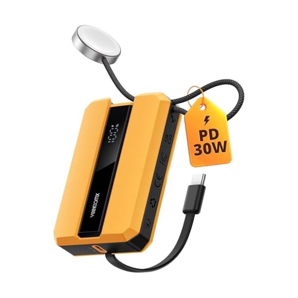 AoVoTo PD 30W Power Bank Fast Charging with Built-in USB C Cable for iPhone, Small Portable Charger 10000mAh, Portable Apple Watch Charger, Compact Battery Pack for iPhone 16/15/15 Plus, Yellow