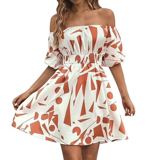 Gibobby Vestidos Casuales para Mujer Vestidos informales de verano para mujer, estampado irregular, hombros caídos, escote cuadrado, vestido oscilante, (Naranja,G)
