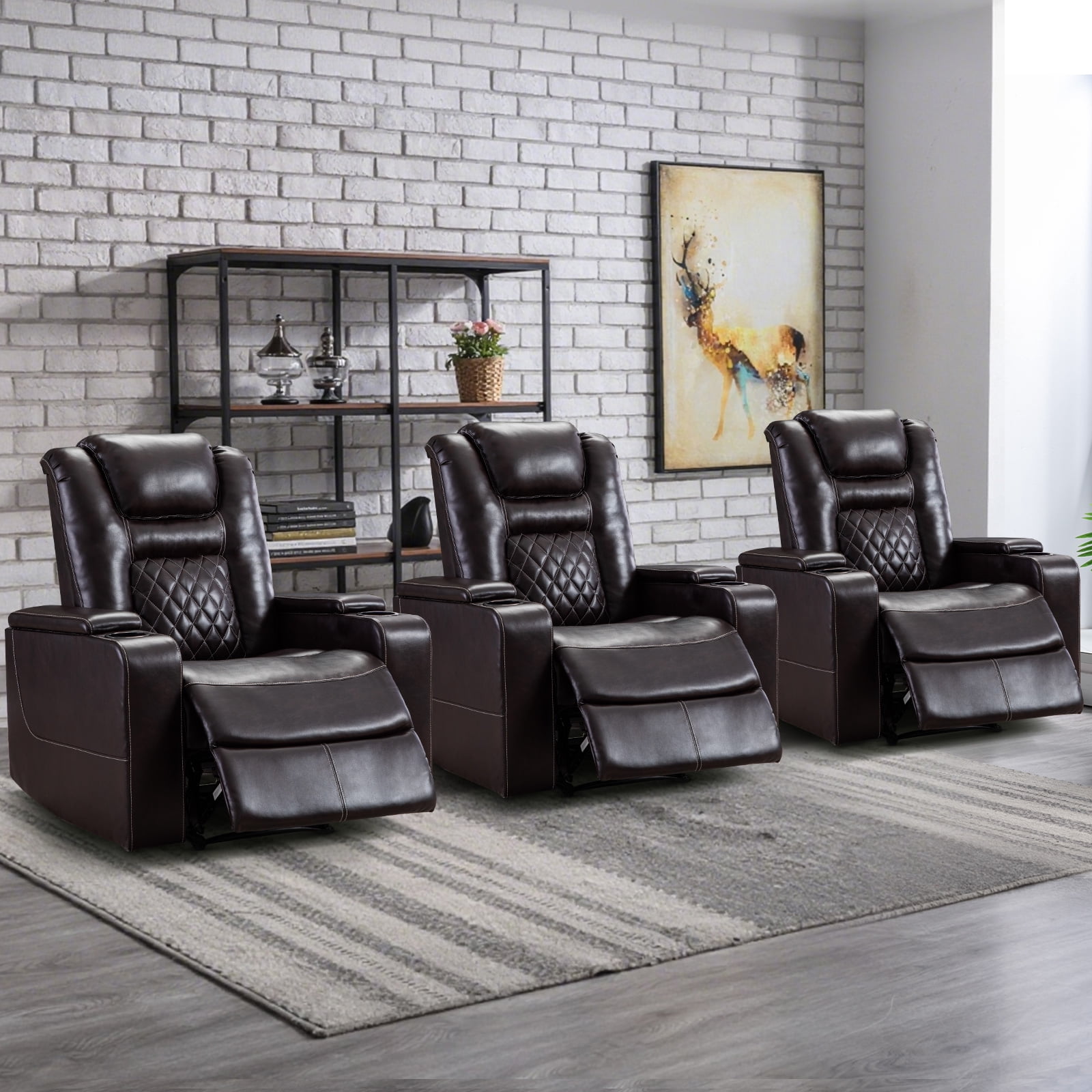 Bonzy Home Electric Recliner Chair Set of 3, Leather Home Theater Seating, Living Room Chair with USB Ports and Cup Holders Brown