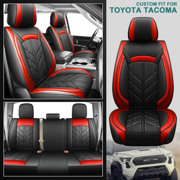 Customed For 2005-2023 Toyota Tacoma Crew Cab Front&Rear Seat Covers PU Leather Full Set,Black&Red