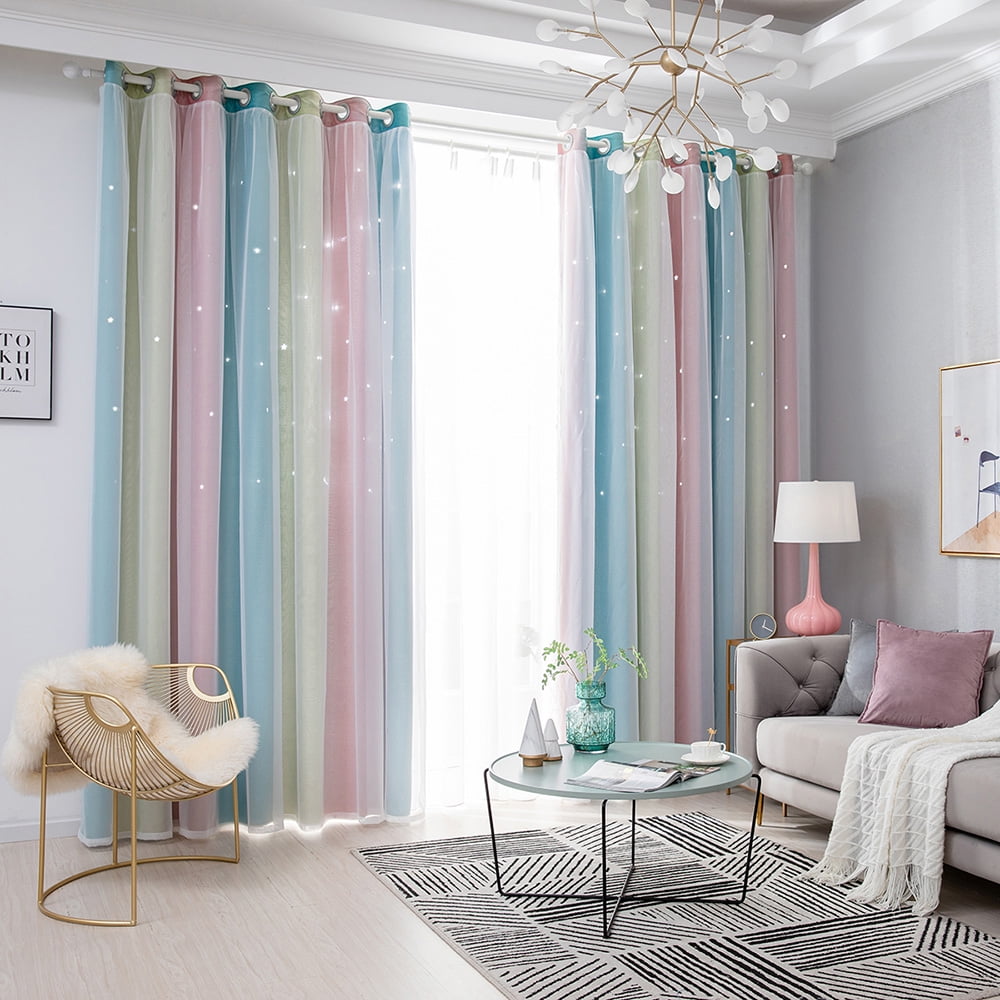 Double Layer Eyelet Blackout Curtains Hollow-Out Star Window Curtain Nursery Curtain Drapes for Kids Girls Bedroom Living Room（with hollow） Betos 1 Panels Window Curtains 