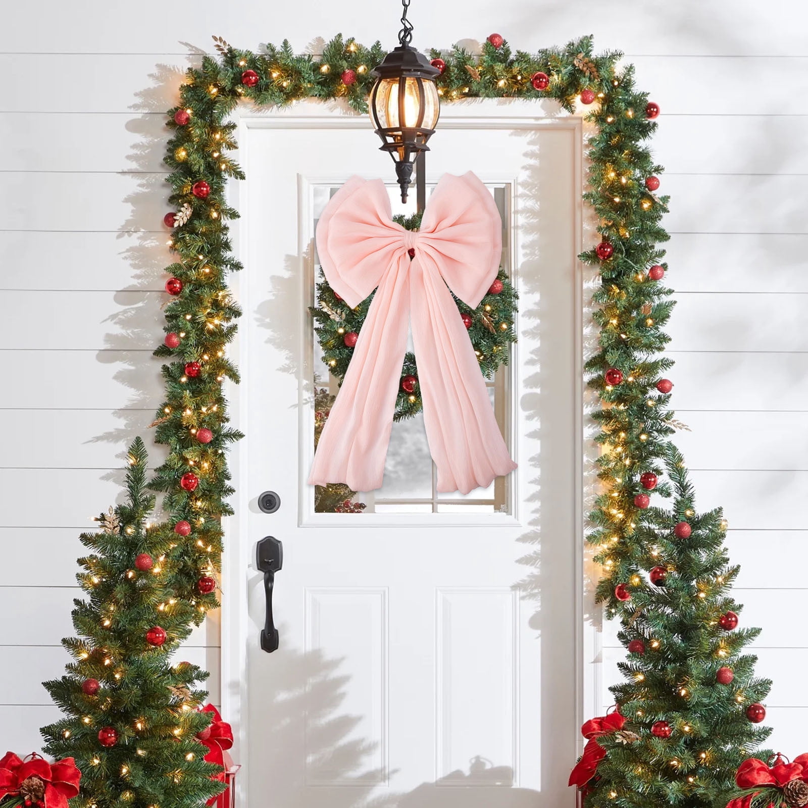 Pink Christmas Bow With Double Layer And Flowing Tails For Festive Display Chiffon Material Hanging Ornament For Tree Or Door