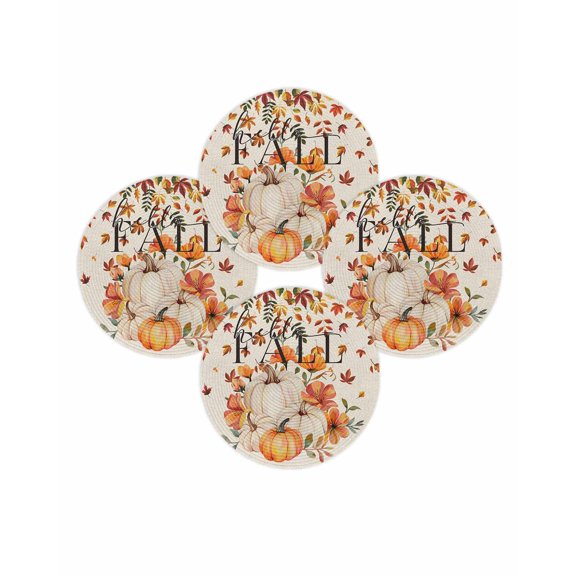 Fall Round Placemats Set of 4 Hello Fall Pumpkin Place Mats Thanksgiving Woven Placemat Flower Autumn Fallen Leaves Linen Circle Braided Table Mat for Kitchen Dining Table Party Home Decor 15 Inch