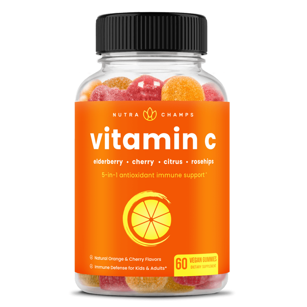 NutraChamps Vitamin C Gummies for Adults & Kids | 5-in-1 Immune System Support with Elderberry, Rosehips, Citrus Bioflavonoids & Acerola Cherry | Vegan Non-GMO Immune Booster Supplement Chewable Gummy
