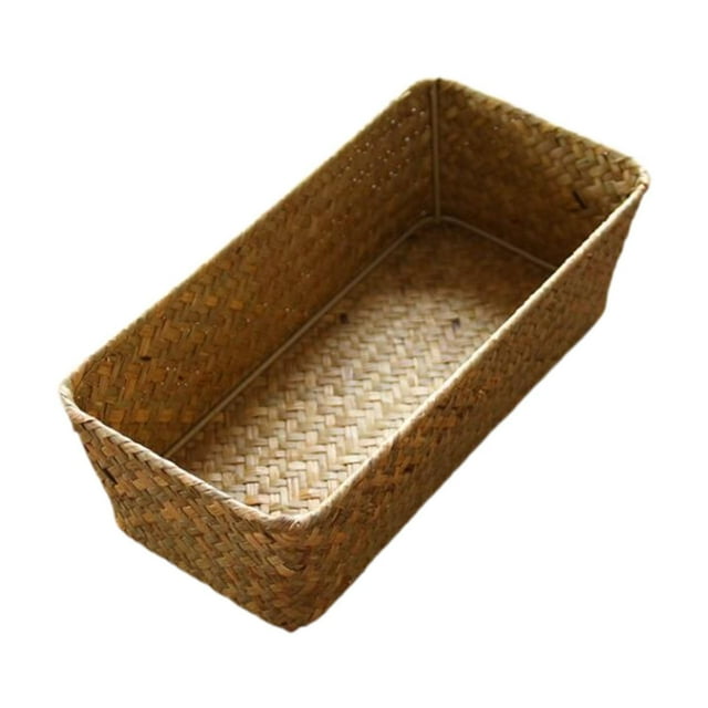 Cesta de almacenamiento tejida a mano, organizador de escritorio para el hogar, caja de cosméticos, cesta de almacenamiento Simple de pasto marino