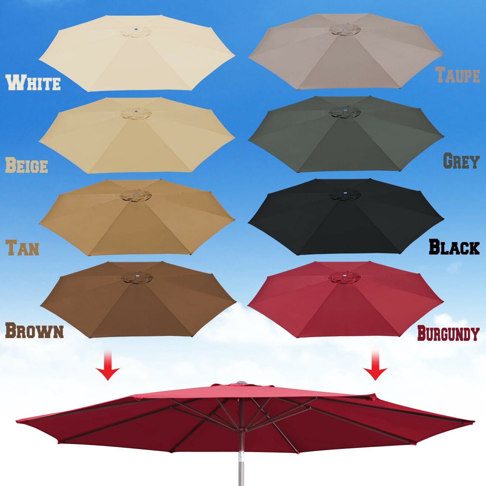 Sunrise 10ft 8 Ribs Outdoor, Patio Umbrella Cover Canopy, Replacement Cover Top, Taupe (Cover Only, Umbrella Frame not Included)