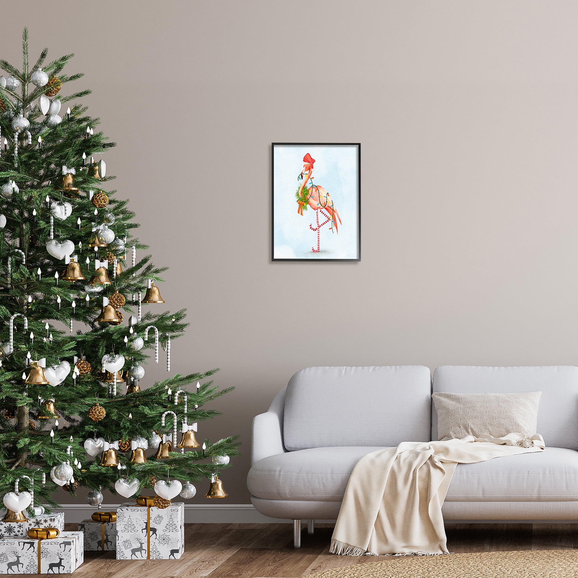 Festive Flamingo Christmas Lights Wreath Striped Stockings Coastal Painting Framed Art Print Wall Art