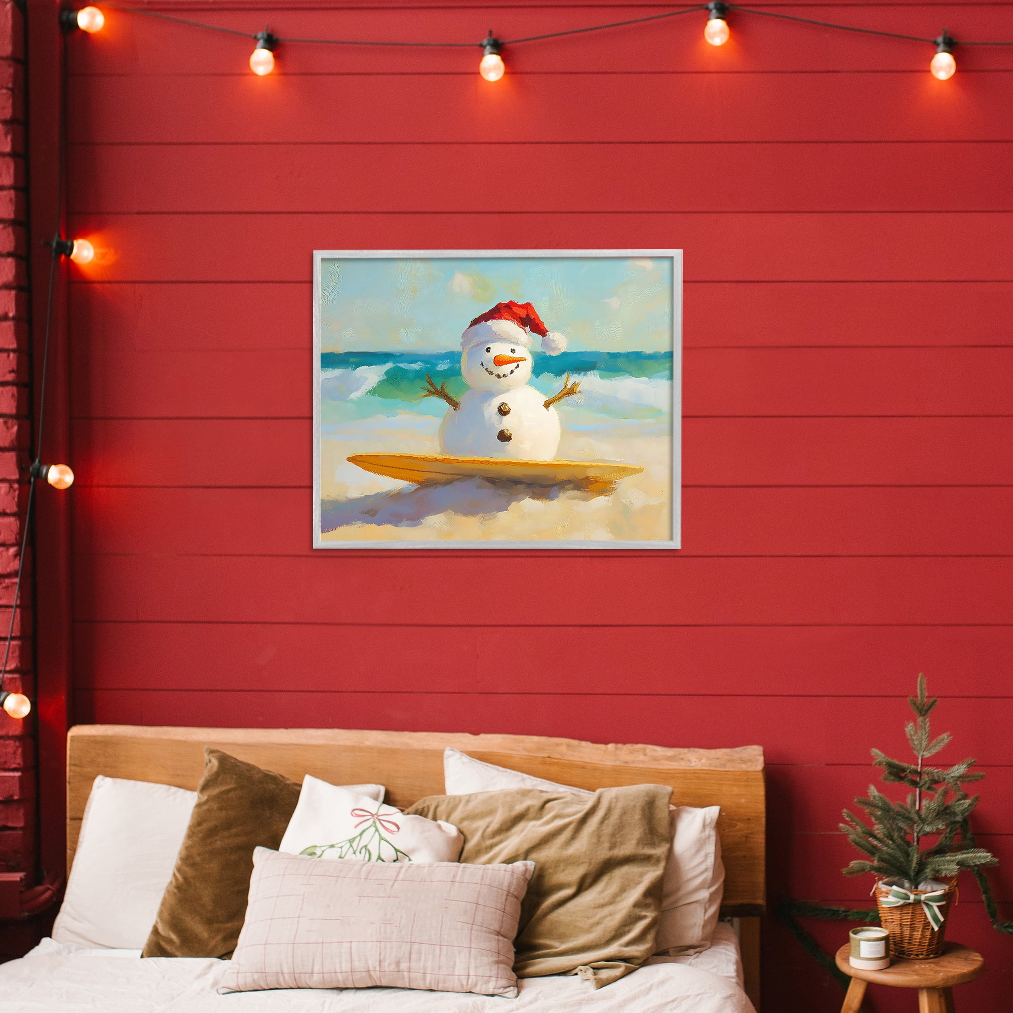 Stupell Industries Surfer Snowman on Beach Gray Framed Giclee Art, design by The Prints Vibe