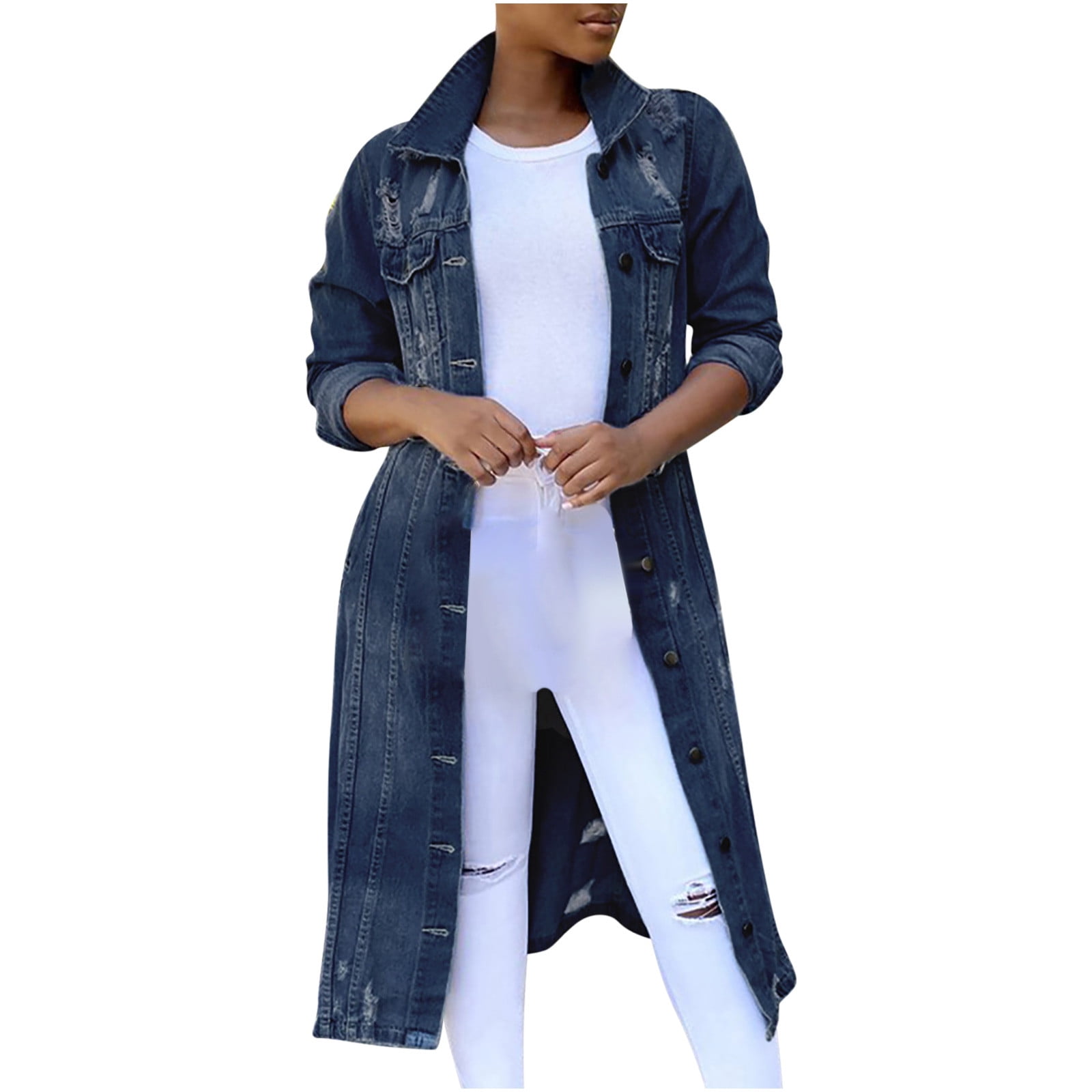 IROINID Women's Mid-Long Denim Jacket Turndown Lapel Solid Color