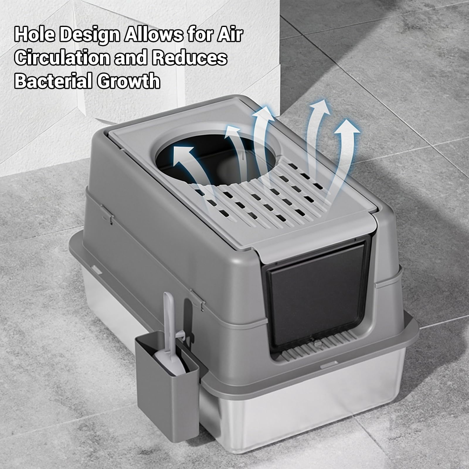 23.62" Large Stainless Steel Litter Box for Large Cats, Enclosed Cat Litter Pan with 180° Flip-Top Lid, Dual Entry Front Door & Top Entrance, Easy Clean Odor Control for Multi-Cat