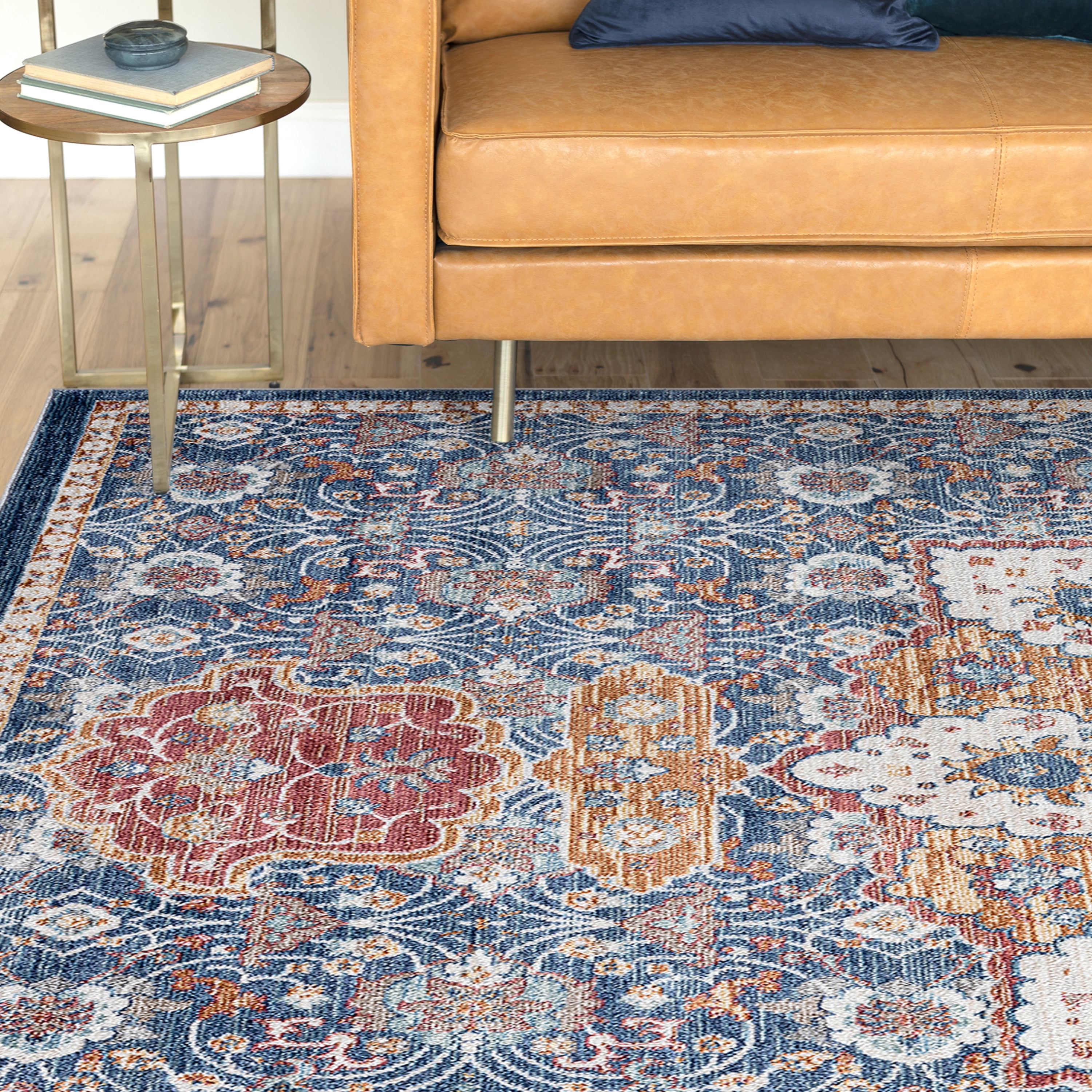 Traditional 2x8 Area Rug (2'3'' x 7'7'') Oriental Navy, Gold Indoor Runner Easy to Clean