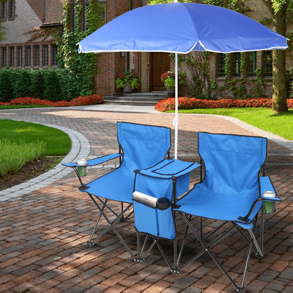 Veryke 2pcs Portable Camping Folding Chair with Removable Anti-UV Umbrella and Carrying Bag, 2-Seat Beach Chair for Outdoor Camping, Tailgates, Beach and Sports, Blue
