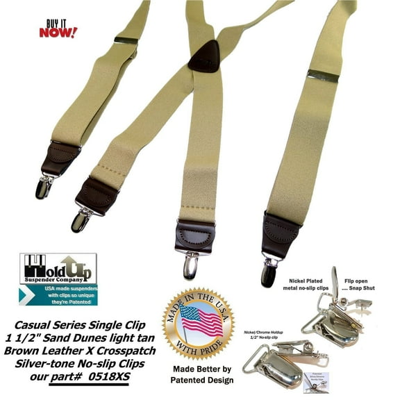 Holdup USA made Sand Dunes Tan Casual Series Suspenders in X-back with Silver Clips