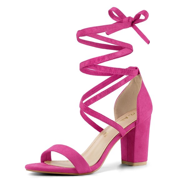 BLISSFUL STEP Women's Open Toe Lace Up Chunky High Heel Sandals Hot Pink US 5.5