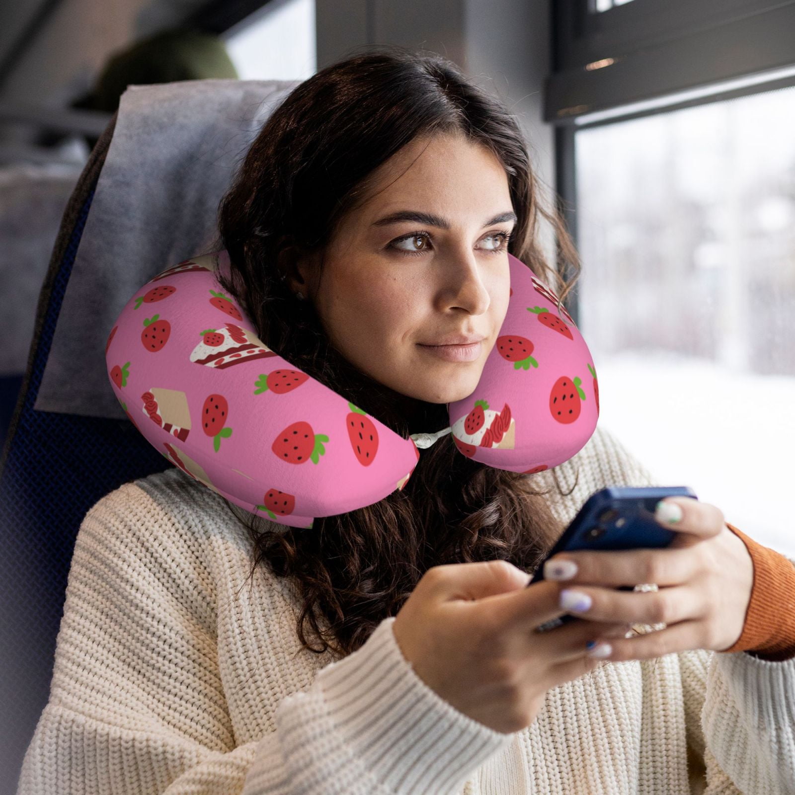 Xecao Strawberry Cake Print Memory Foam Cervical Neck Pillow Versatile U-Shaped Pillows for Home,Office,Camping,Travelling,Soft Washable Cover