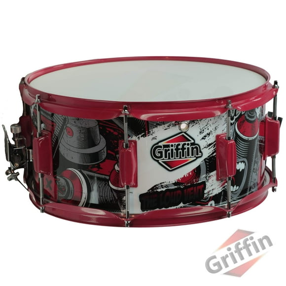 Snare Drum by GRIFFIN Birch Wood Shell 14"x6.5" with Custom Graphic Wrap (Limited Edition) Percussion Acoustic Musical Instrument Kit & Drummers Key 8 Metal Lugs, Head Set & Strainer Throw Off