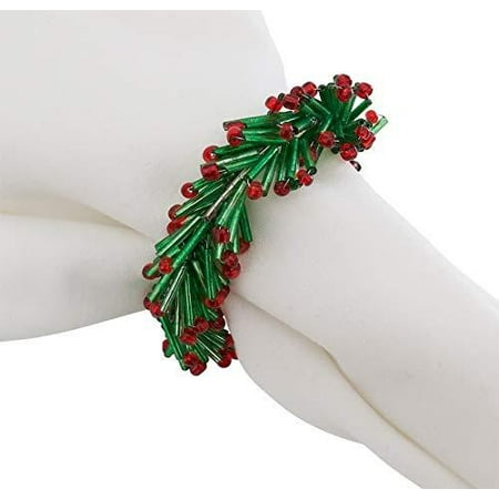 

Fennco Styles Hand Beaded Christmas Wreath Design Decorative Napkin Rings Set of 4 - Green Glass Beads Napkin Holders for Home Dining Table Banquets Holiday Décor and Special Occasion