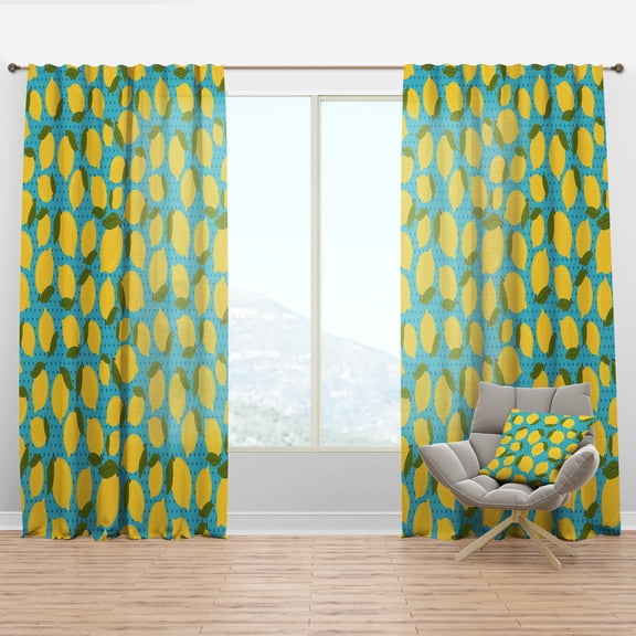 Designart 'Yellow Lemon On Blue Pattern' Tropical Blue Sheer Curtain Panel
