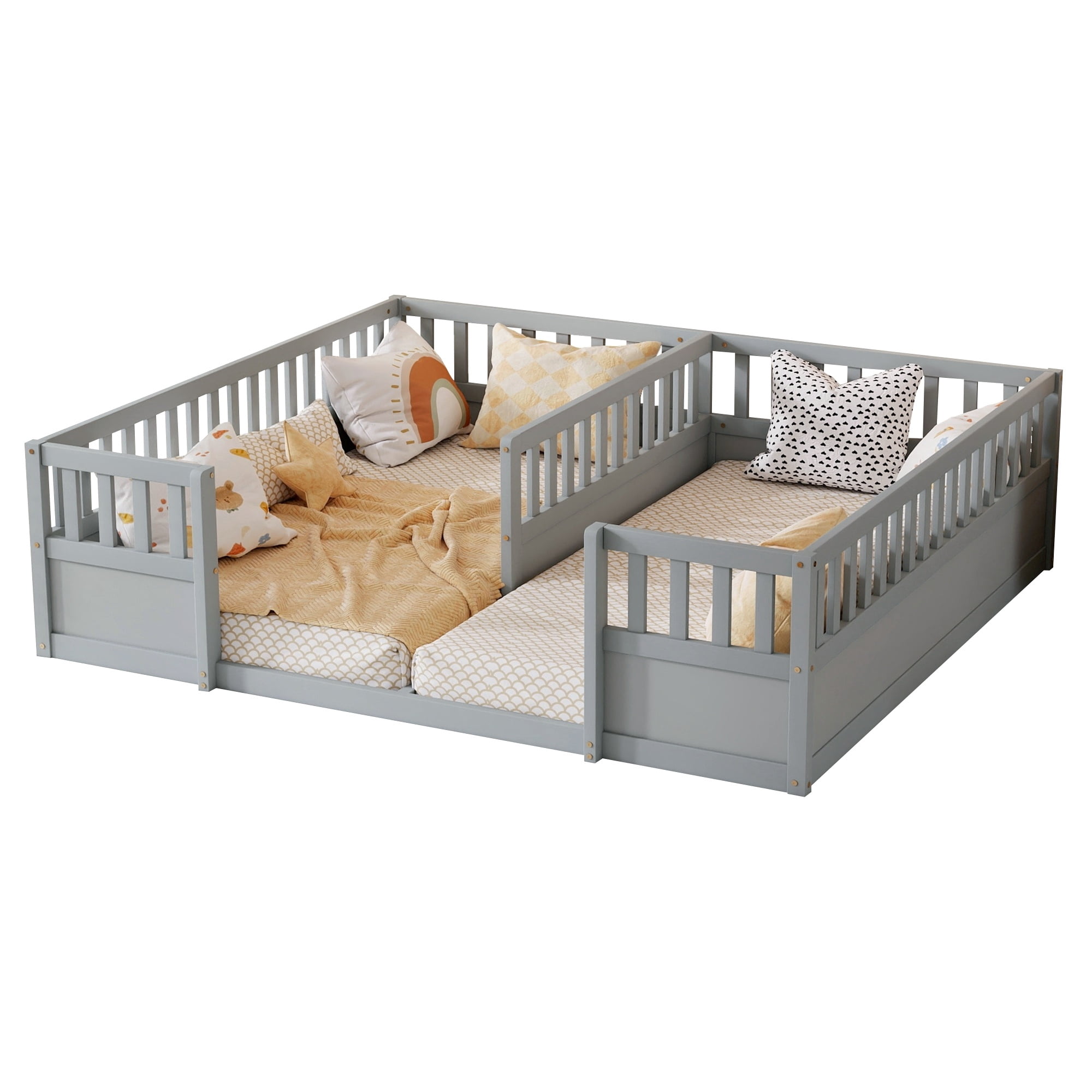 Double Twin Floor Bed 81.2 Inch, Pine Wood Bed Frame with Semi Enclosed Guardrails for Two Kids, Grey