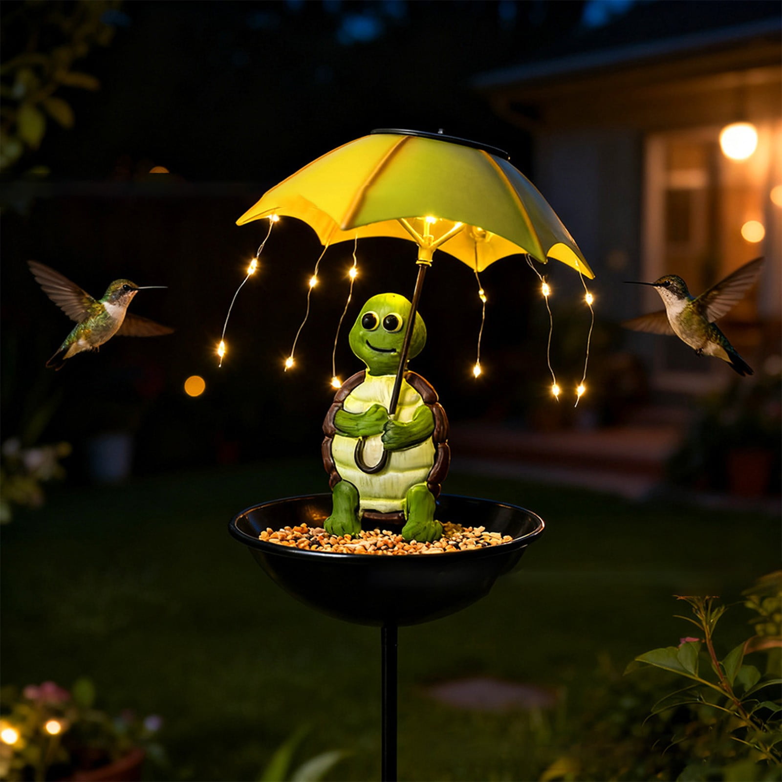 LHNFT Cute Fox with Blue Umbrella Solar Bird Bath Feeder - Metal Stake Mounted Outdoor Decor with LED String Lights, Garden Yard Stake