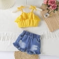 thumbnail image 7 of kaprioy Toddler Girl Clothes Toddler Baby Girl Summer Outfit 9 12 18 24 Months 2T 3T Bow Tie Strap Suspender Top Fringed Denim Shorts Cute 2 Pcs Clothes Set, 7 of 7