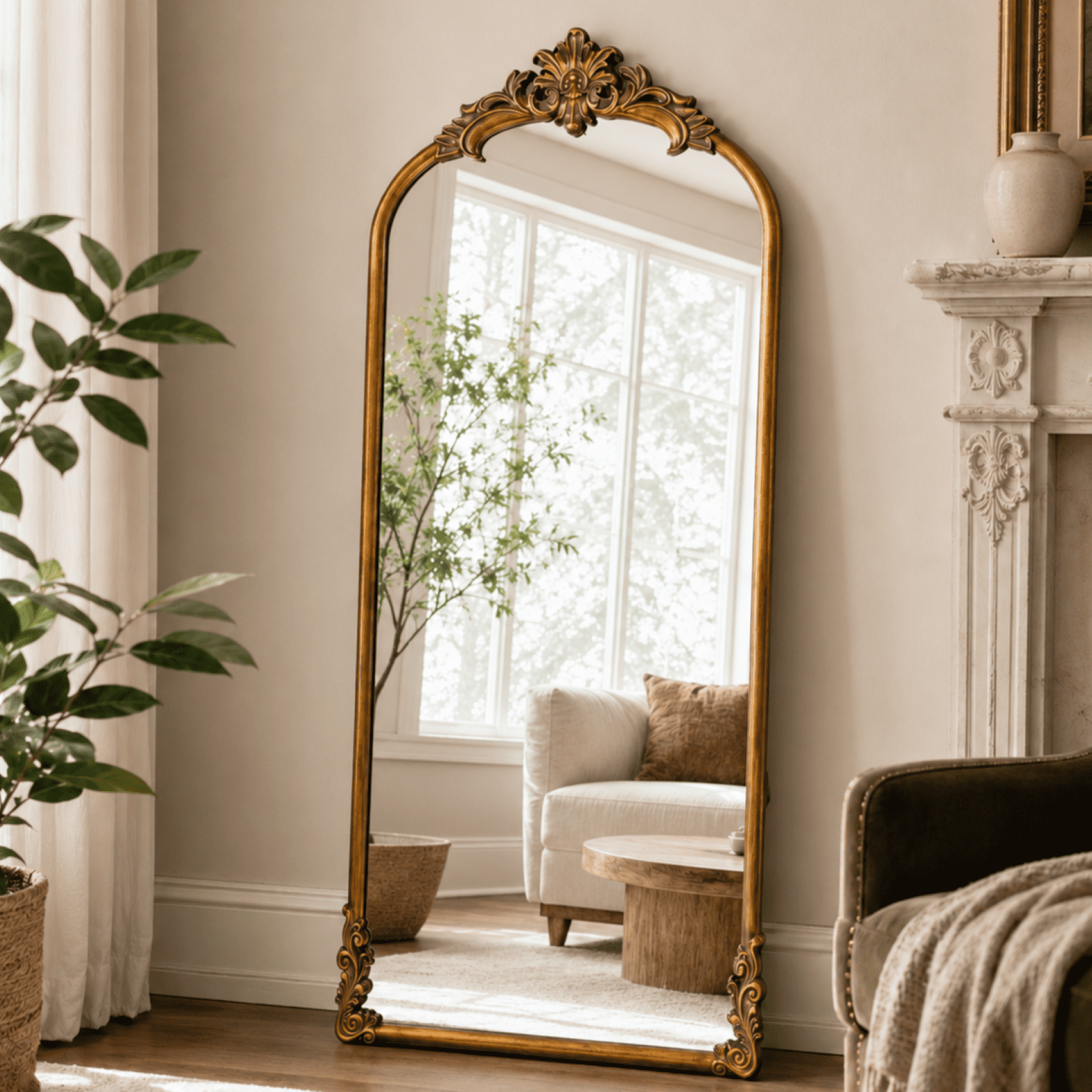 EVARNIO 71"x32" Vintage Full Length Mirror Arched Floor Mirror Baroque Style Wall Mounted Mirror Ornate Decor Mirror with Stand, Antique Bronze