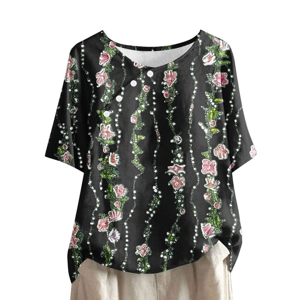 Tops de Lino para Mujeres Imprimir Suéter Cuello Redondo Manga Corta Superior Poliéster, Blusa de Moda Casual para la Primavera Y el Verano