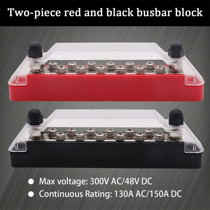 Power Distribution Block 150A Bus Bar Terminal with Cover 2x1/4"(M6) Terminal Studs 12xM4 Screws for Boat Marine