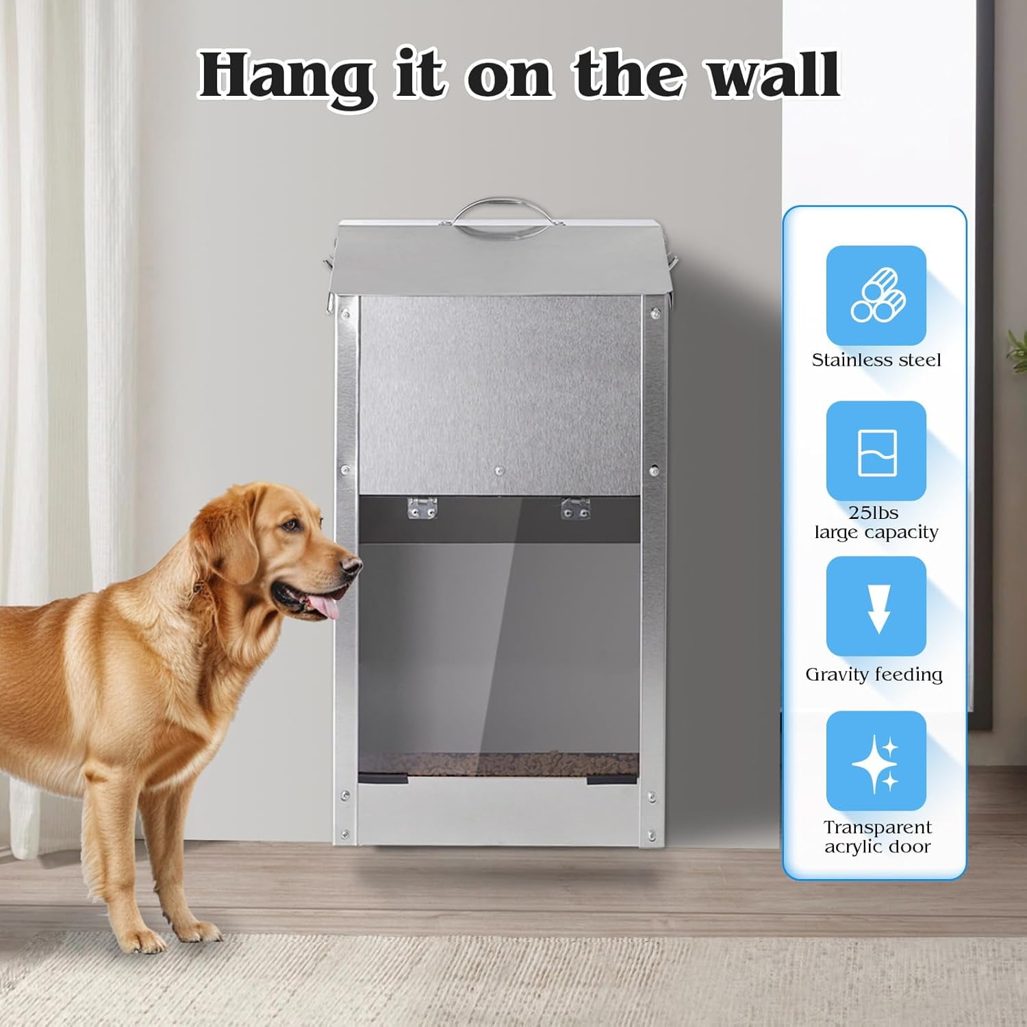 Automatic Dog Feeder Large Breed with Handle, Stainless Steel Indoor Outdoor Pet Food Dispenser for Large Dogs (25lbs)