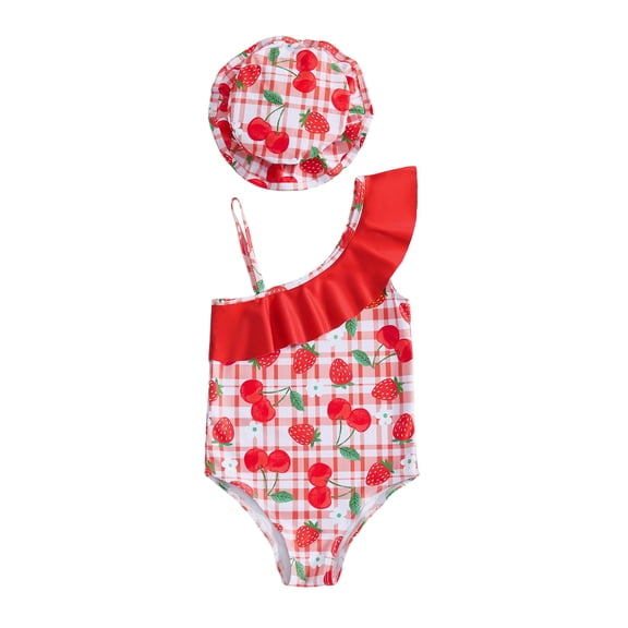 BemeyourBBs Toddler Baby Girls Swimsuit with Hat 2 Pcs Set Cherry Bow Strawberry Print Ruffled Trim Spaghetti Strap Sleeveless Swimwear