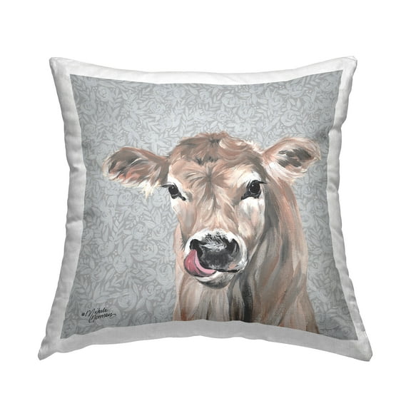 Stupell Industries Baby Calf Cow Portrait Botanical Blossom Pattern Design by Michele Norman Throw Pillow