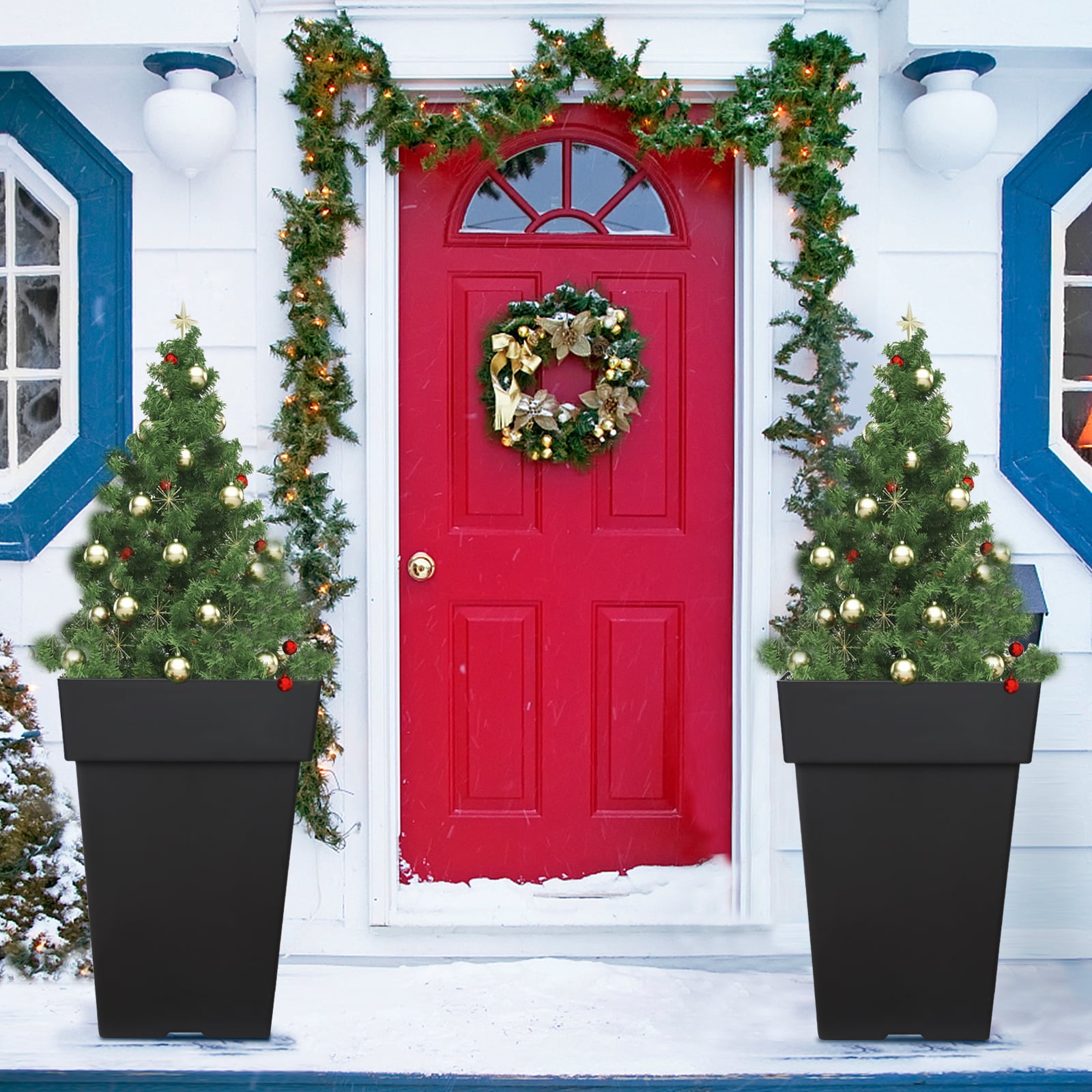 20 Inch Tall Planters for Outdoor Indoor Plants, Set of 2 Large Plastic Plant Pots Flower Pot Outdoor Planter for Front Porch Door Balcony Deck with Drainage, with Removable Wheel, Black 20"