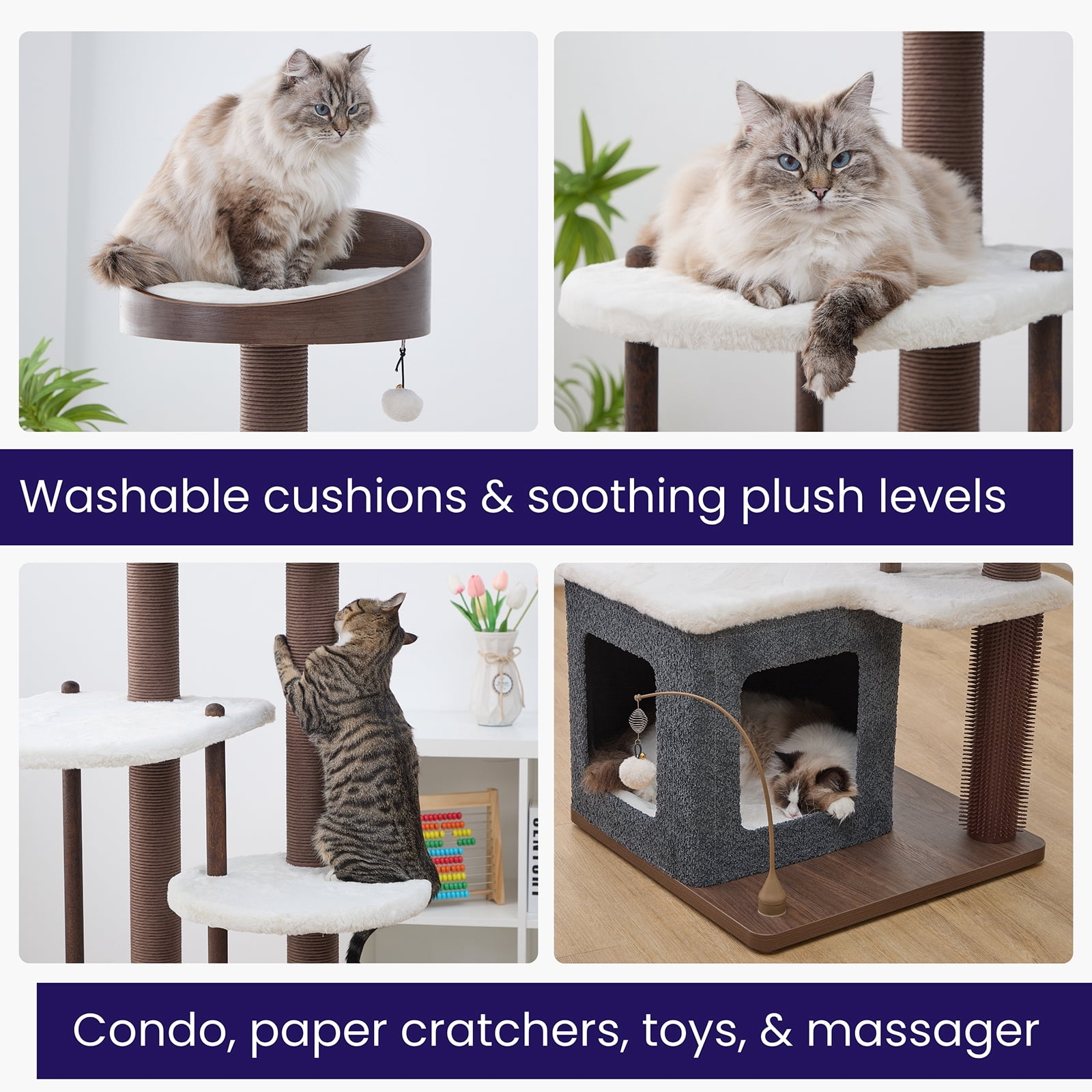 Catry® Trinity 5-Level Cat Tree with Washable Beds, Recycled Paper Scratchers, Toys, Massager & Laminated Wood, Gray