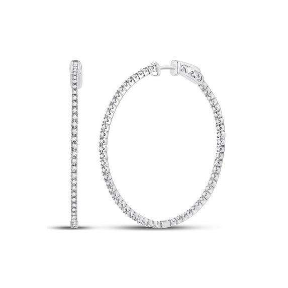 14kt White Gold Womens Round Diamond Inside-Outside Hoop Earrings 7/8 Cttw
